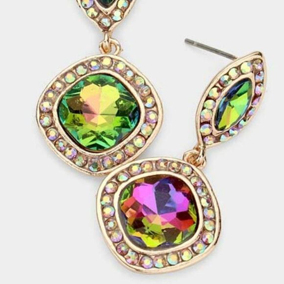 Marquise & Square Oil Spill Crystal Evening Earrings - Picture 2 of 5